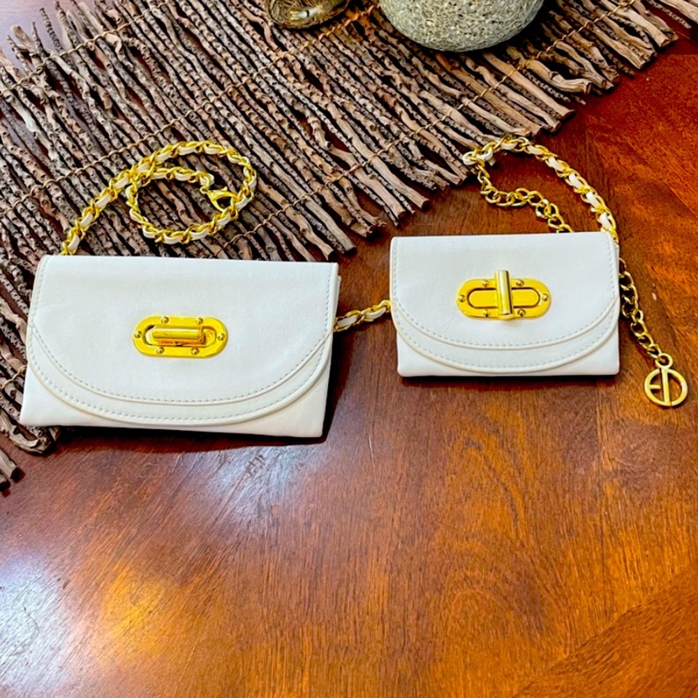 Erin Dana 2 white bags on waist gold and white chain belt